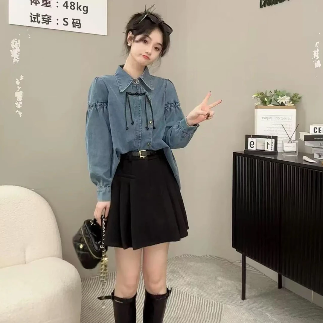 24062港风复古正肩牛仔衬衫女2025春季百搭显瘦翻领上衣【长约67】