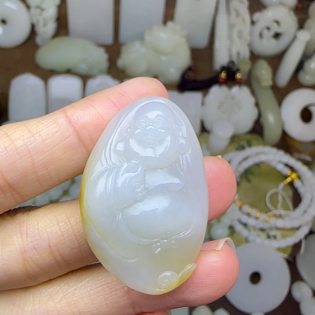 和田玉未镶嵌挂件弥勒佛青花子