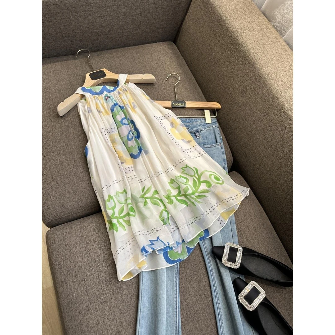 大牌折扣捡漏气质时髦2025夏装甜美印花挂脖背心女上衣