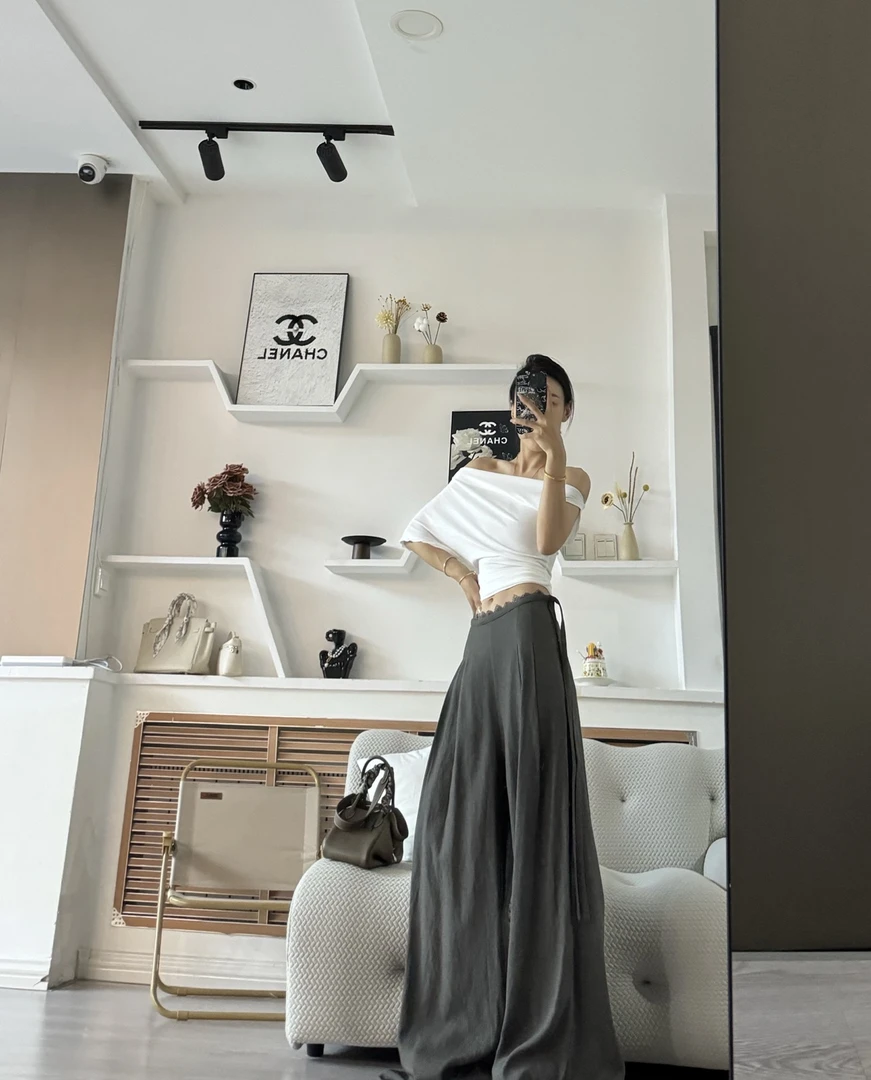 实拍现货蕾丝花边阔腿休闲百搭时尚高腰女裤设计感拖地垂感