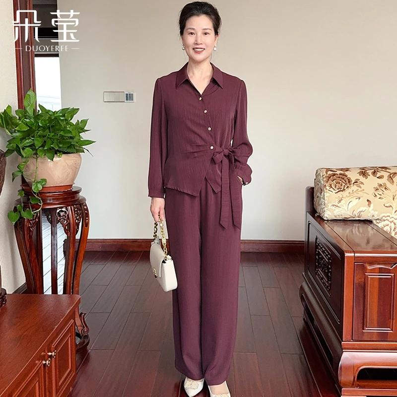 妈妈秋装洋气收腰衬衫大码时尚套装40岁50中老年宽松两件套25-02