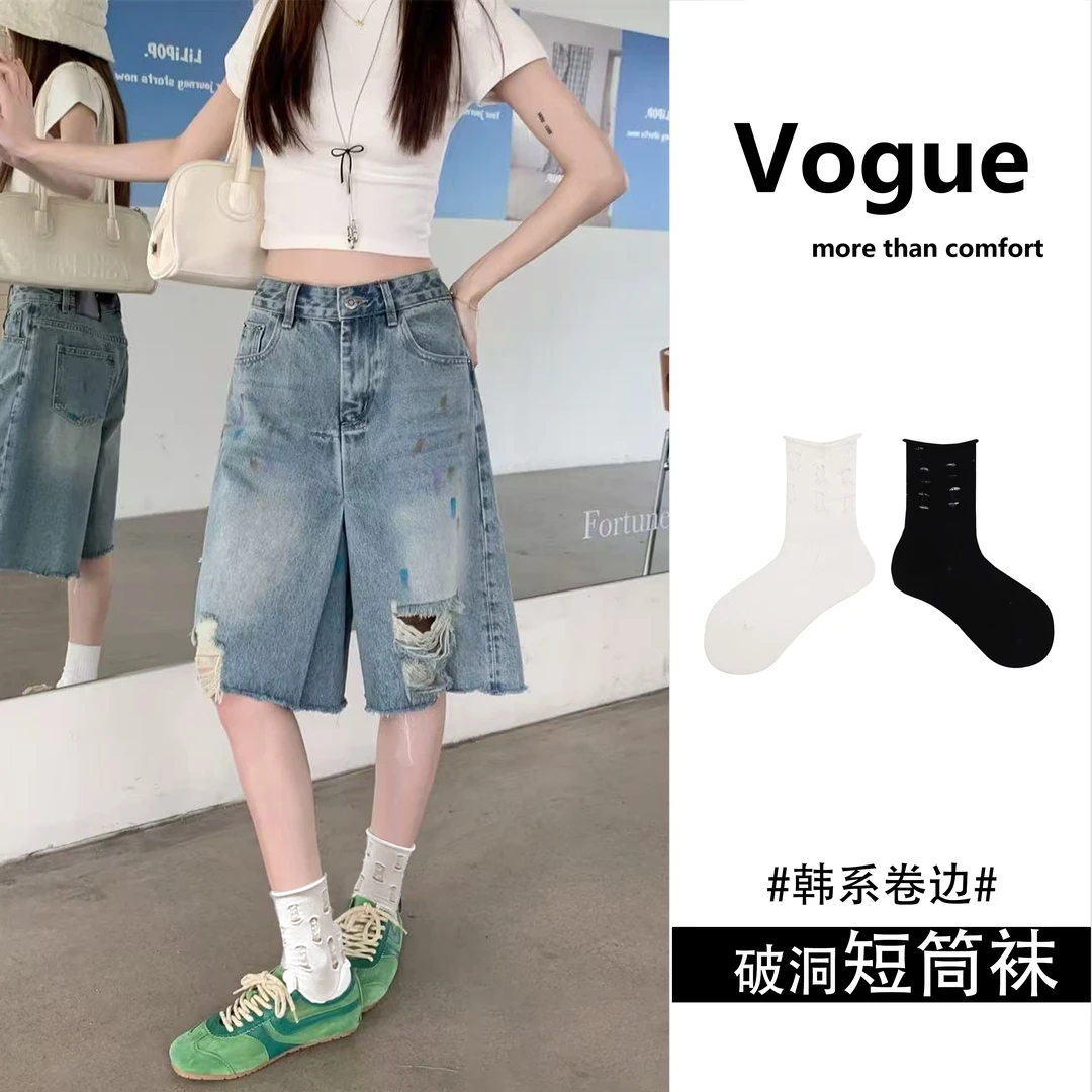 【两双装/破洞短筒袜】薄款破洞袜子女短筒袜纯色卷边韩系袜子