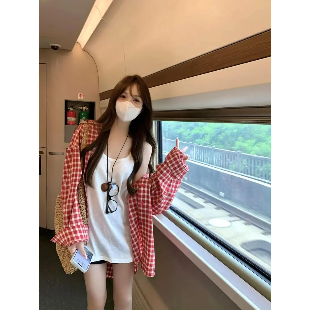 衬衫女士2025春秋新款甜美宽松慵懒风红色格子气质上衣防晒长袖