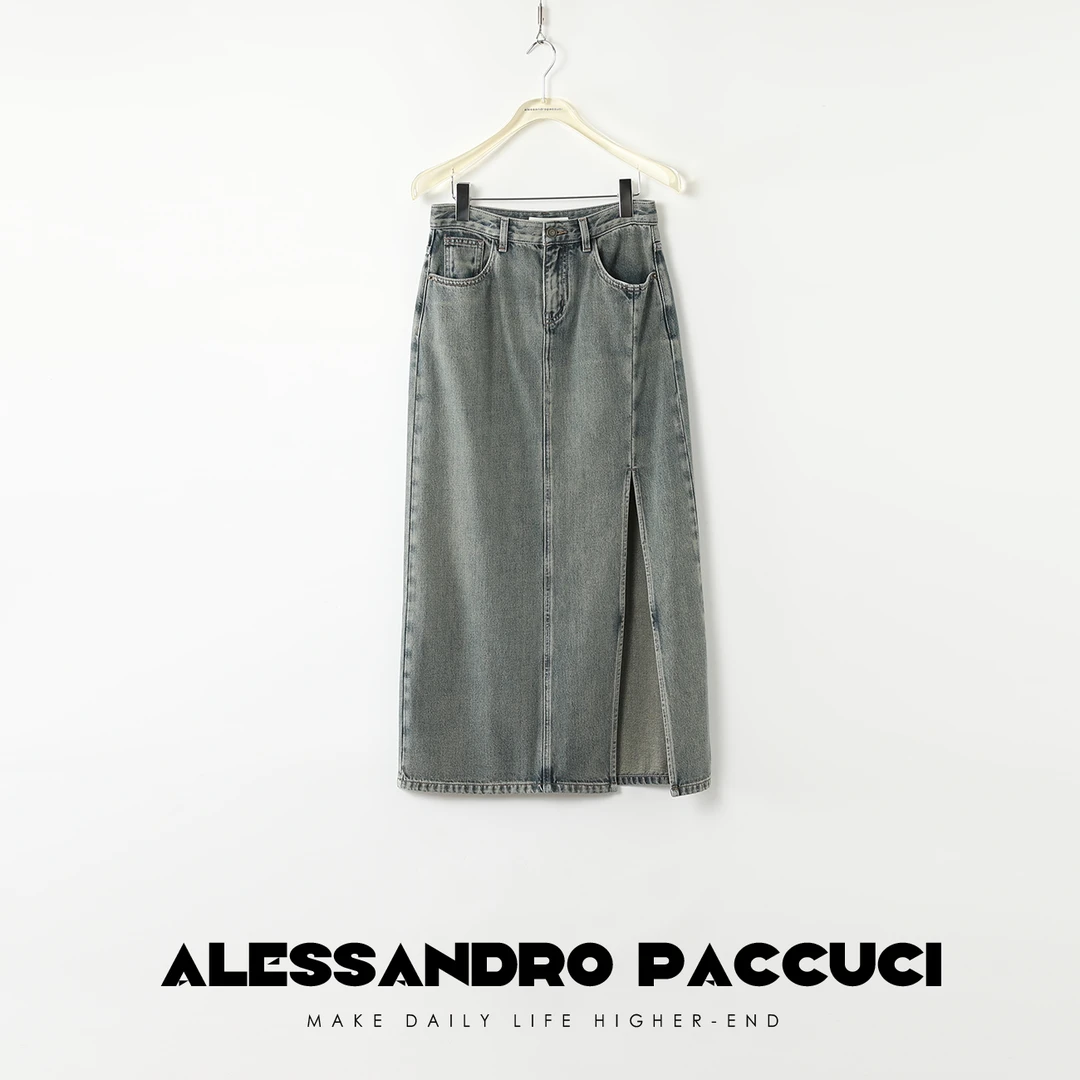 【孤品特价不退换】洛哥421010NB 棉洗水直筒偏A型开叉时尚牛仔半裙