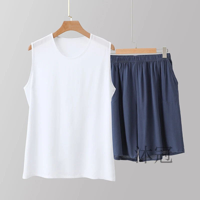 棉绸背心短裤套装男家居服凉快中老年爷爷汗衫外穿人造棉上衣睡衣