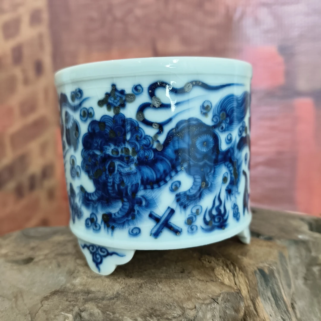 手工柴窑烧制仿元双狮绣球香炉口径7.5高7公分