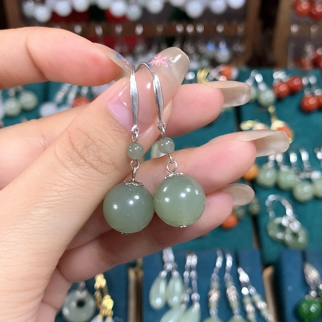 和田玉耳饰银S925镶嵌天然和田玉晴水12mm左右