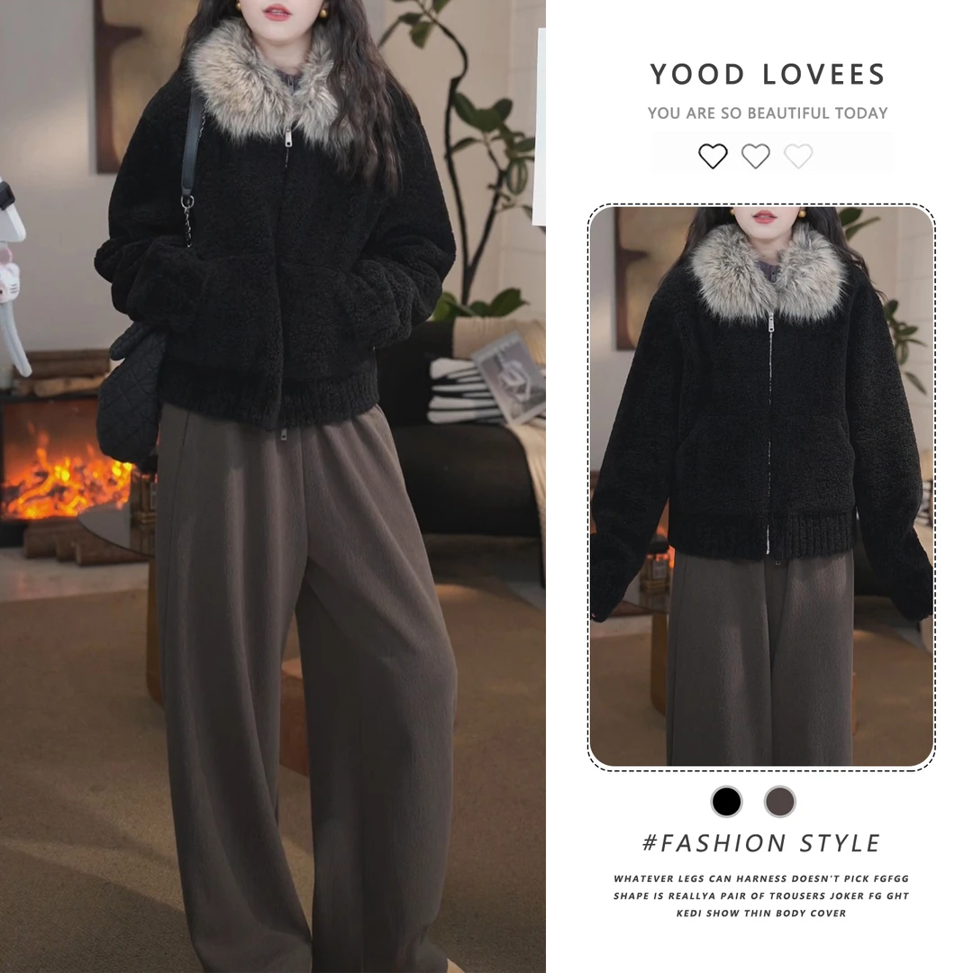 休闲时尚套装大毛领拉链长袖卫衣外套女秋冬宽松阔腿裤长裤两件套