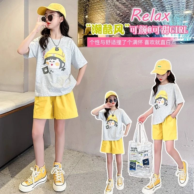 女童中大童短袖t恤休闲套装时髦洋气卡通大头女孩印花儿童两件套