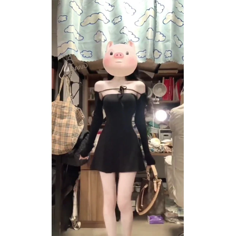 黑色假两件一字肩针织连衣裙女早春季纯欲性感辣妹修身显瘦包臀裙