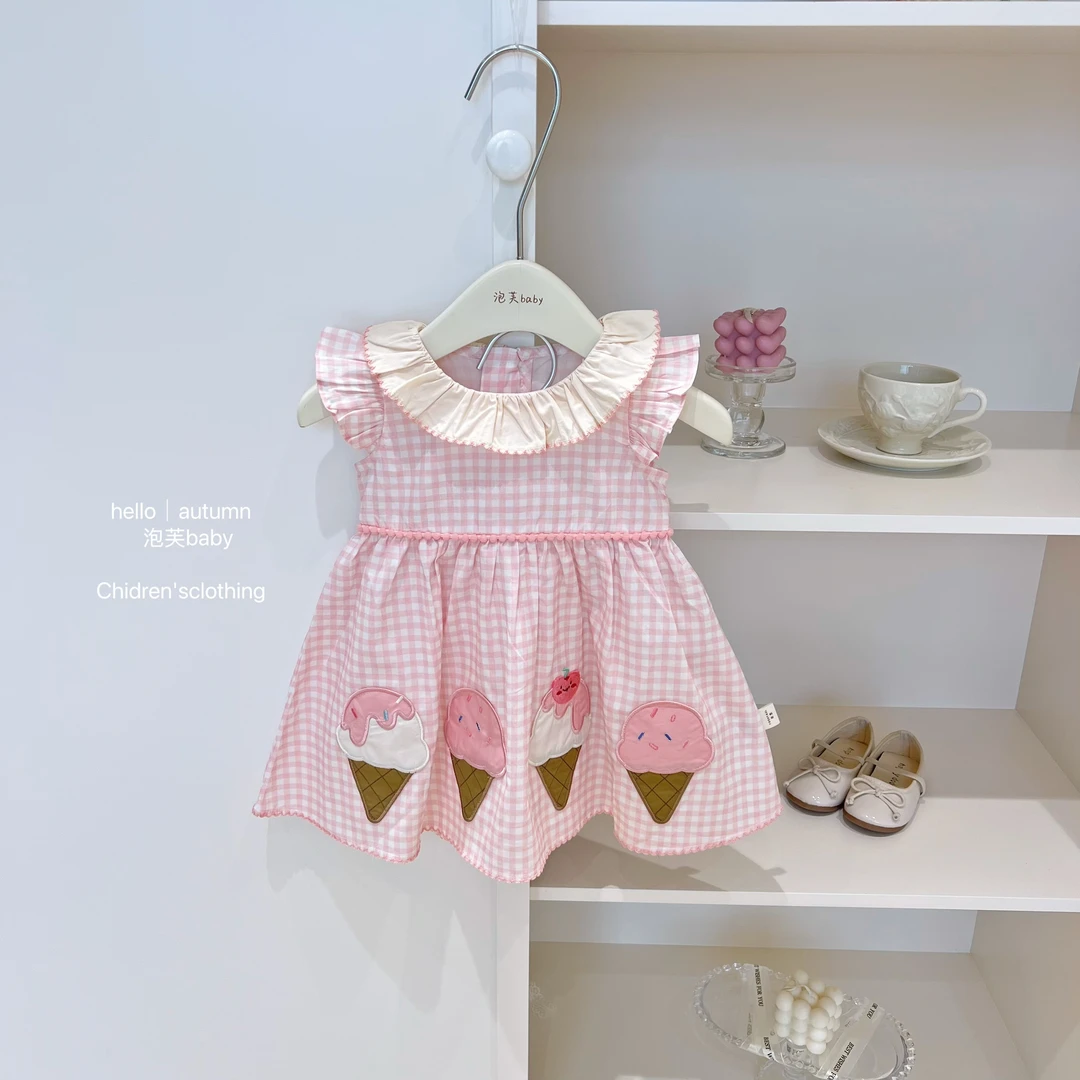 【泡芙baby】2025女童冰激凌短袖连衣裙夏季甜美翻领小飞袖