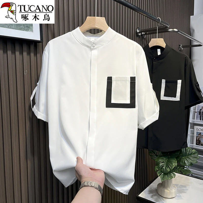 TUCANO/啄木鳥五分袖男衬衫垂感冰丝短袖潮牌夏季男装高级感衬衣