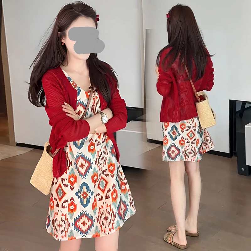 2025夏装新款时尚背心裙套装小众防晒开衫减龄印花洋气轻奢连衣裙