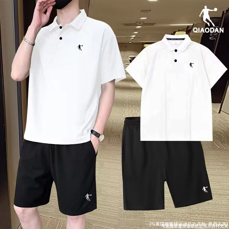 乔丹运动健身套装夏季新款正品黑色polo衫两件套男休闲跑步运动服