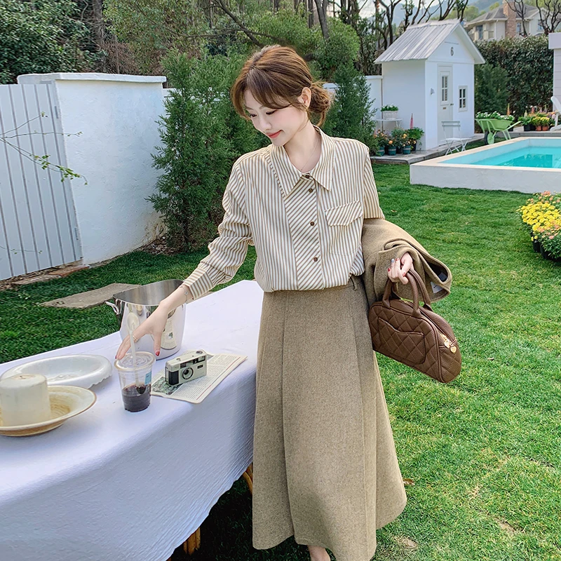 小香风条纹衬衫西装马甲三件套女2025春新款法式名媛高级感套装裙