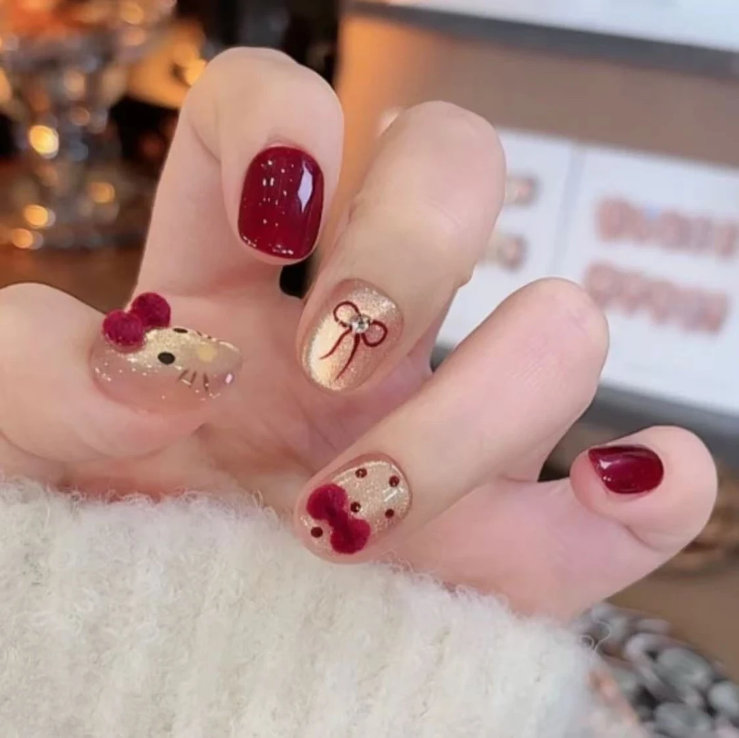 秋冬安可拉红 碎钻猫眼穿戴甲 丝绒领结KT猫美甲 可重复使用24片