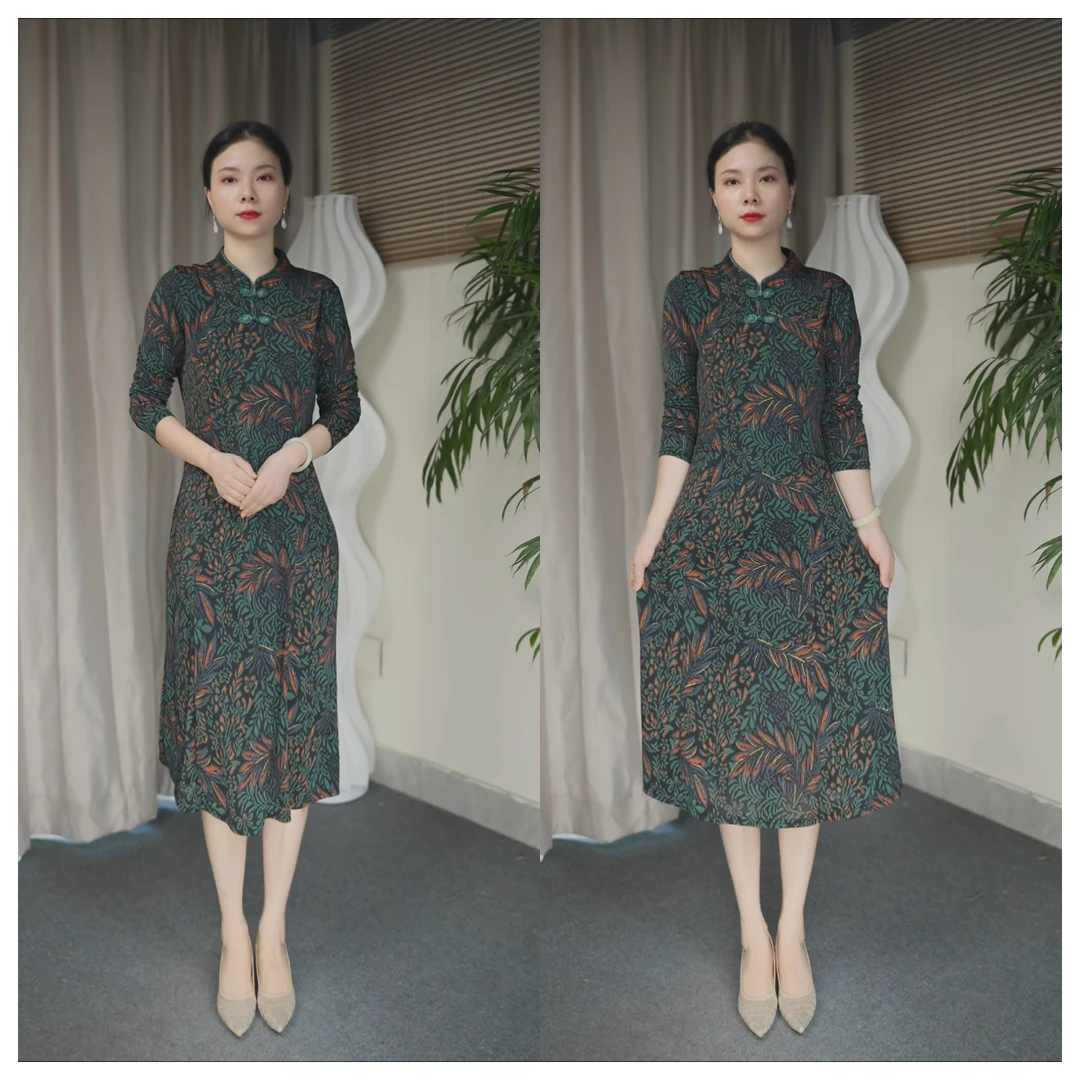 长袖圆襟显瘦印花时尚旗袍薄款植物花卉重磅中式