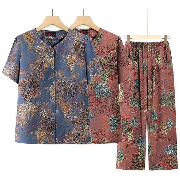 老人夏装女棉绸套装中老年女装妈妈装夏季开衫奶奶短袖老太太服装