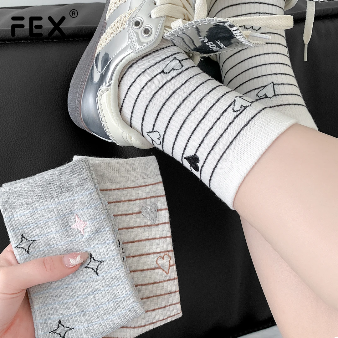 袜子女夏季薄款爱心条纹堆堆长袜日系棉袜吸汗防臭抗菌夏天中筒袜