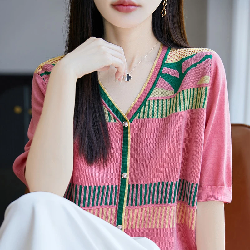 哥弟阿玛施正夏季宽松型V领薄款短袖上衣毛针织衫高端时尚开衫女