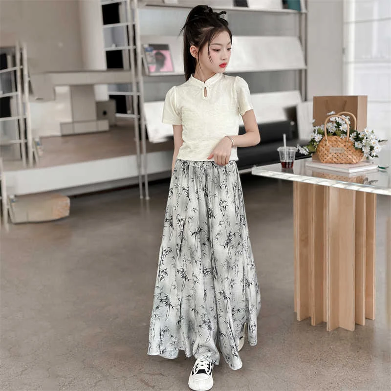 女童裤子夏季2025新款洋气儿童阔腿裤国风冰丝薄款女大童裙裤套装