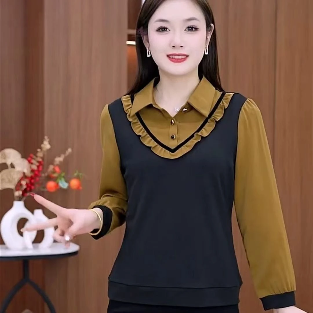 春季新款时尚洋气百搭假两件长袖衬衫女士2024春秋装薄款衬衣上衣