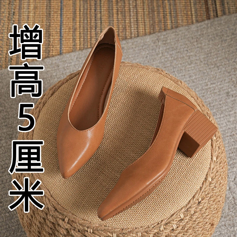尖头真皮粗跟百搭单鞋女2025年新款浅口软底软面奶奶鞋通勤职业鞋