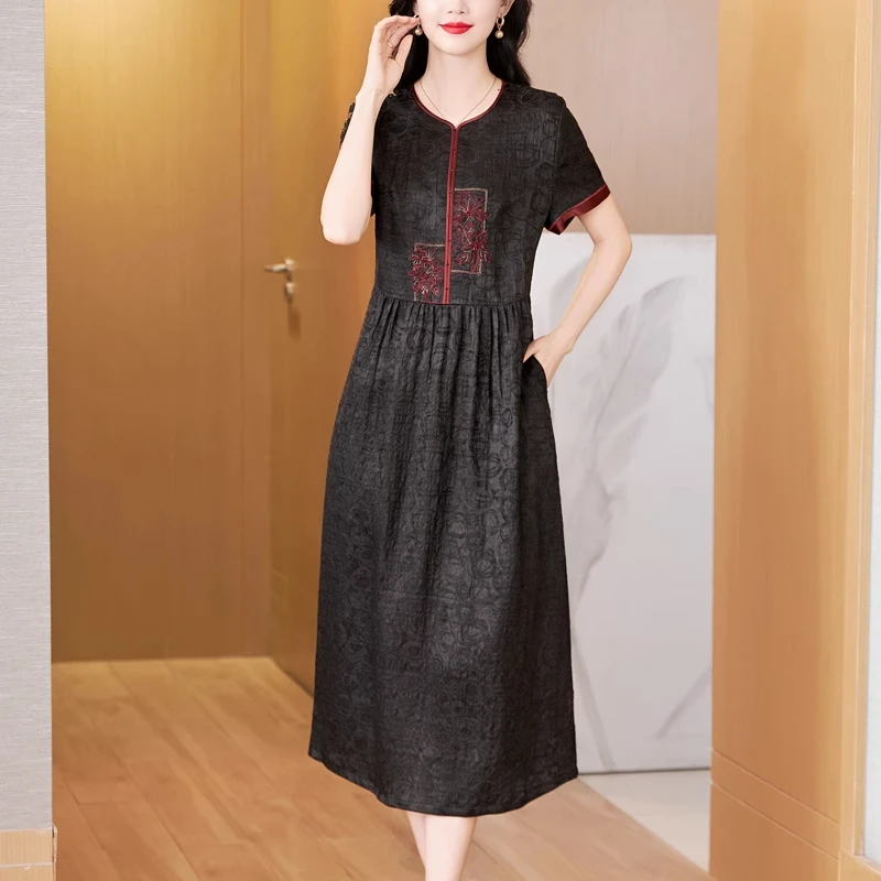 正品香云纱连衣裙2025新款100%桑蚕丝纯真丝年轻款妈妈杭州品牌