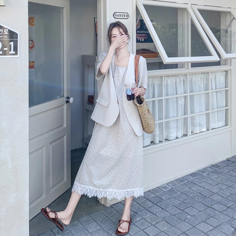 西装外套波点蕾丝边吊带裙2025夏季新款轻奢韩系ins风松弛感套装