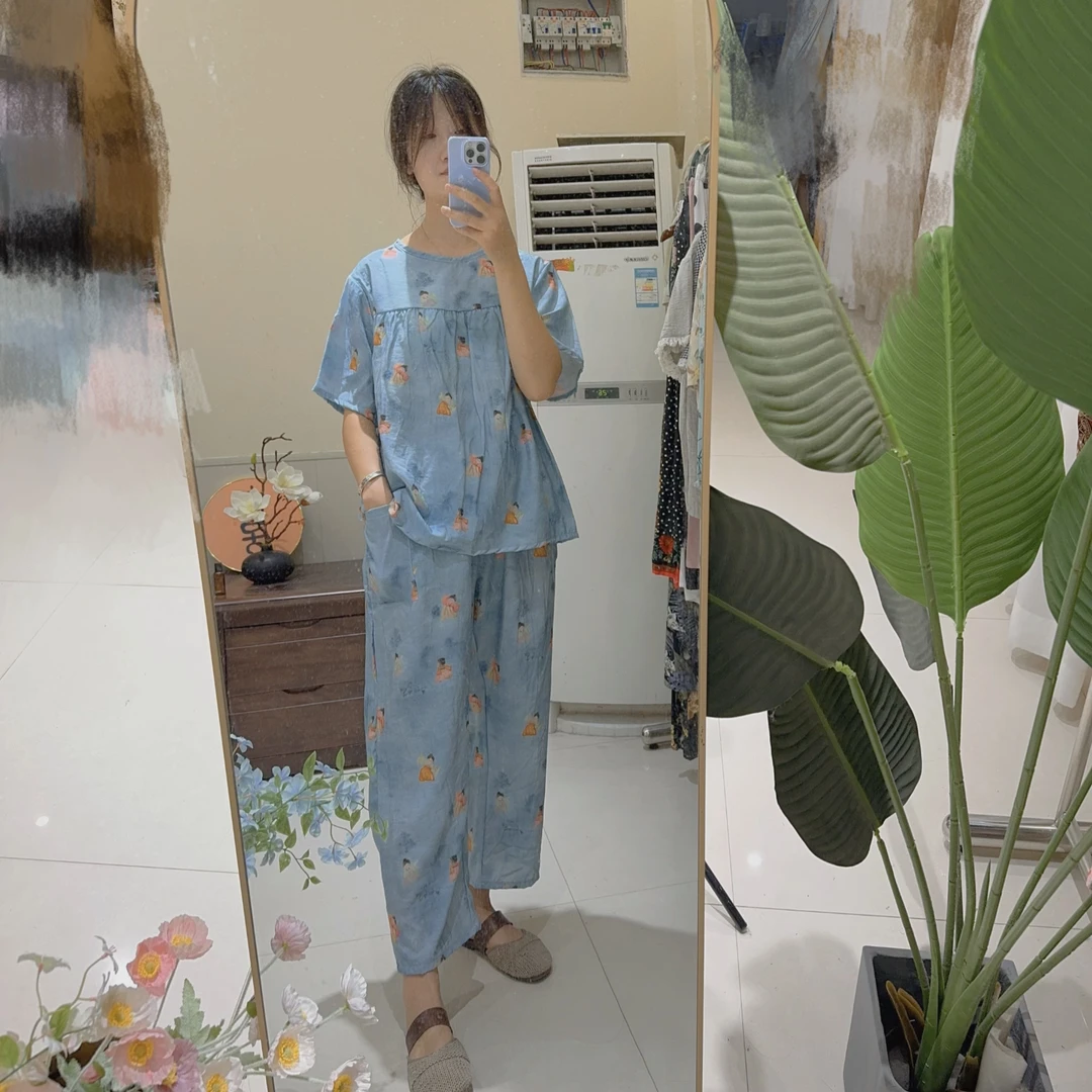 夏季大码女士长裤套装休闲时尚圆领可外穿家居服