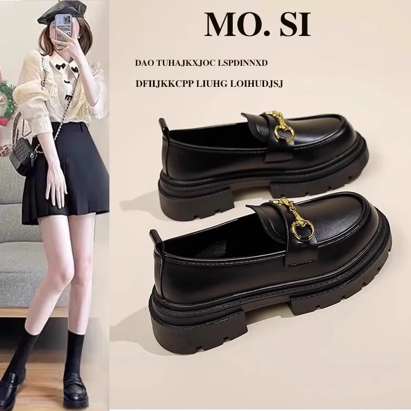 厚底乐福鞋女2024新款春秋英伦风小皮鞋一脚蹬黑色单鞋玛丽珍女鞋