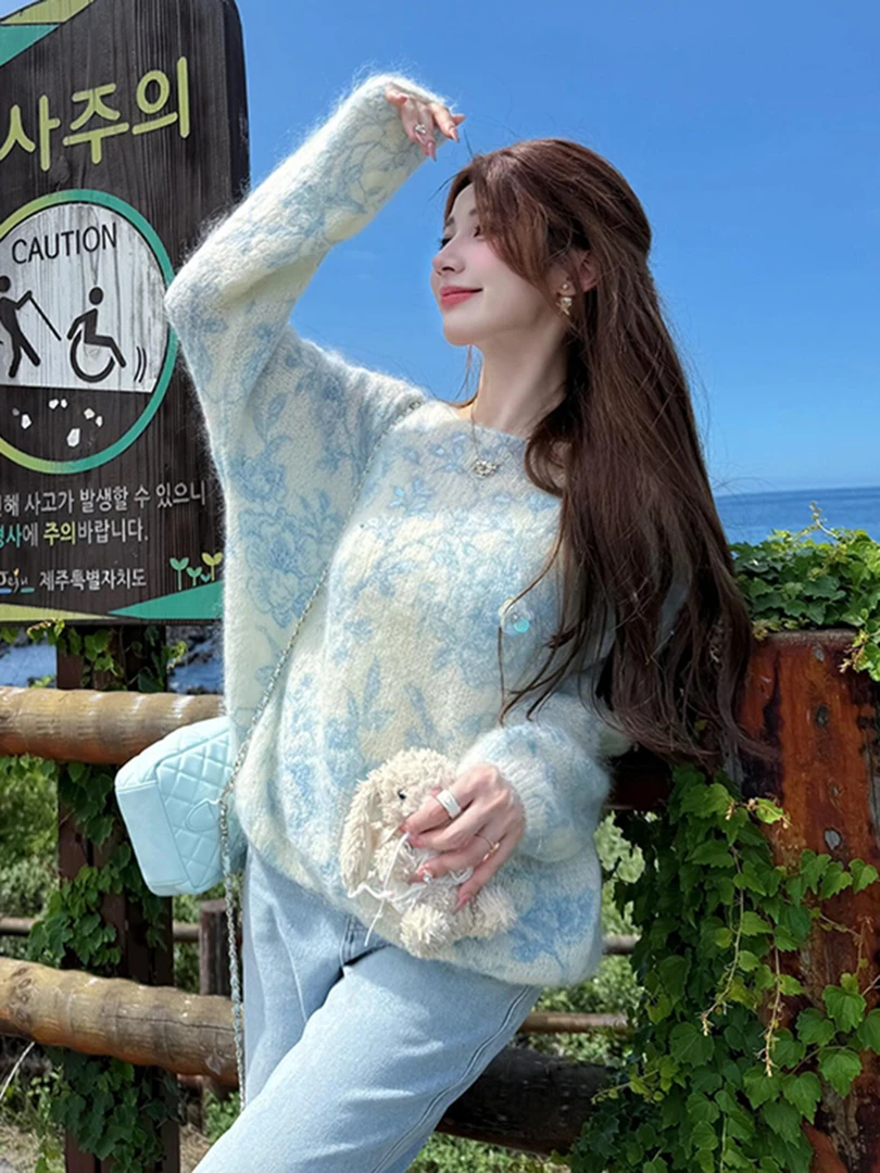 韩系气质女士针织衫上衣宽松慵懒高级感气质蓝色印花套头毛衣秋季
