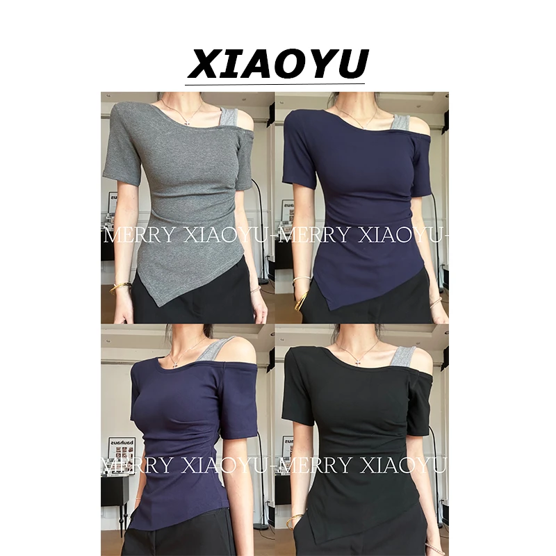 【年中青青】小众撞色拼接露肩不规则短袖T恤女百搭显瘦上衣