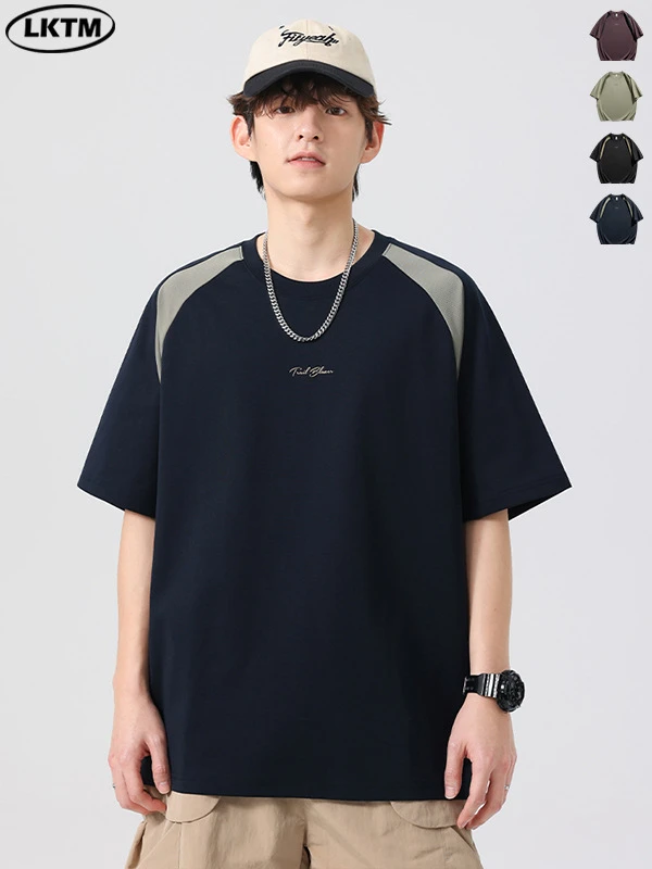 美式复古撞色短袖T恤夏季抗皱速干圆领半袖衫男士t恤拼接日系