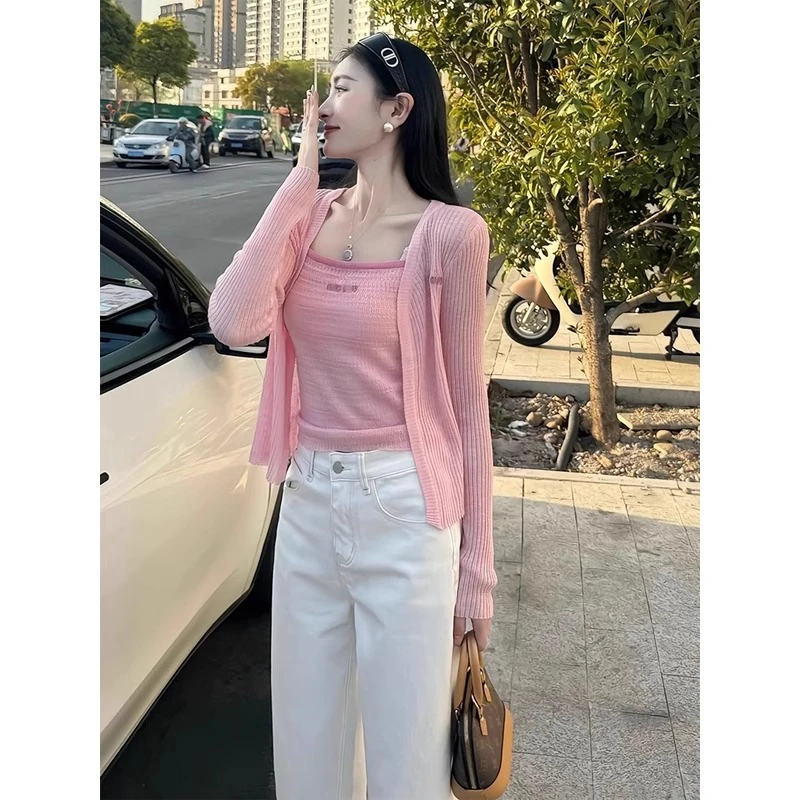 夏季绝美高级感多巴胺穿搭女装粉色针织吊带防晒开衫上衣两件套装