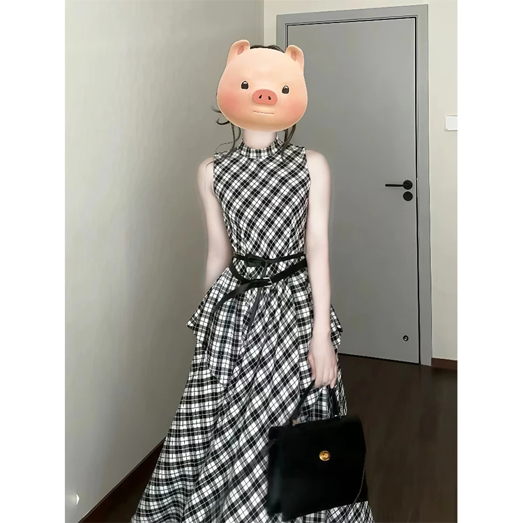 茶歇法式格子无袖连衣裙子女2025夏季新款法式a字气显瘦掐腰长裙