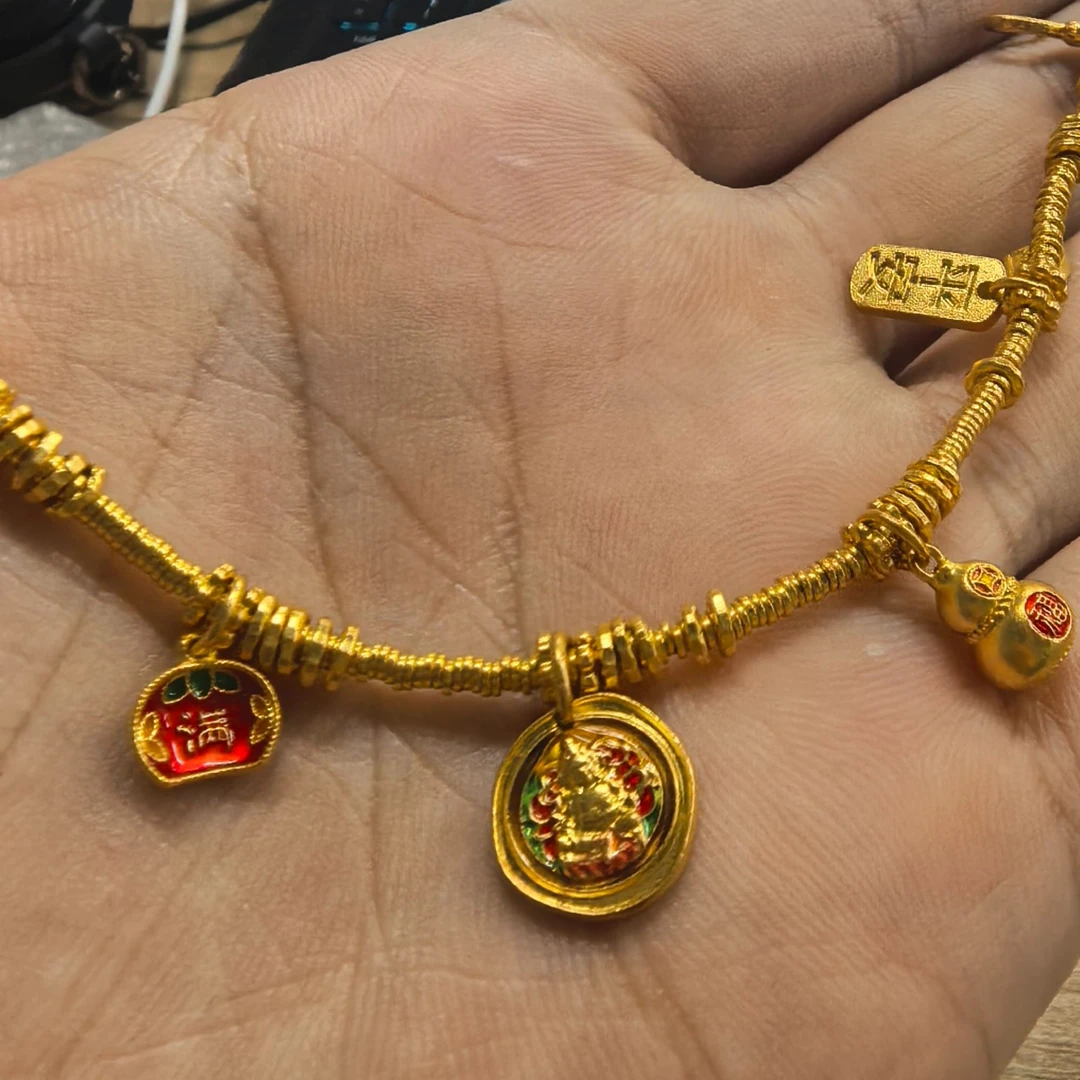 【金手链】黄财神盘缠黄金手链古法足金999精致百搭送女友零附加