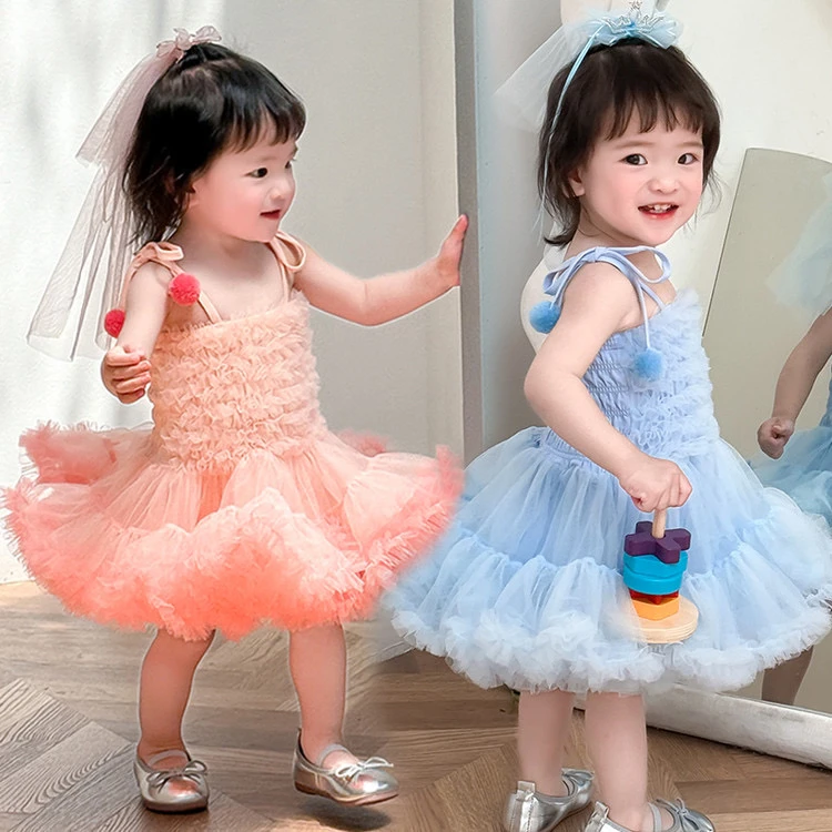 连衣裙名媛风夏季纱网纯色女童中小童