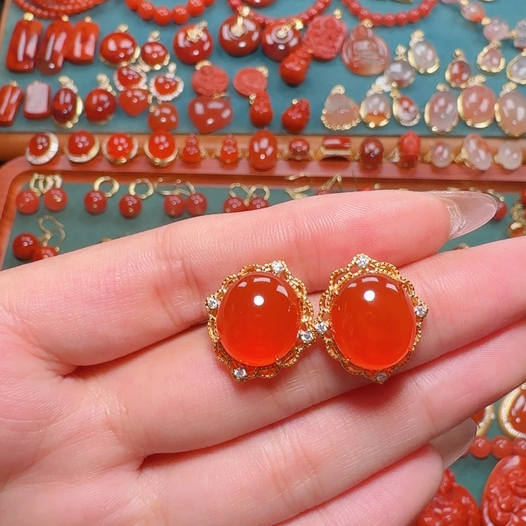 南红玛瑙银S925镶嵌耳饰