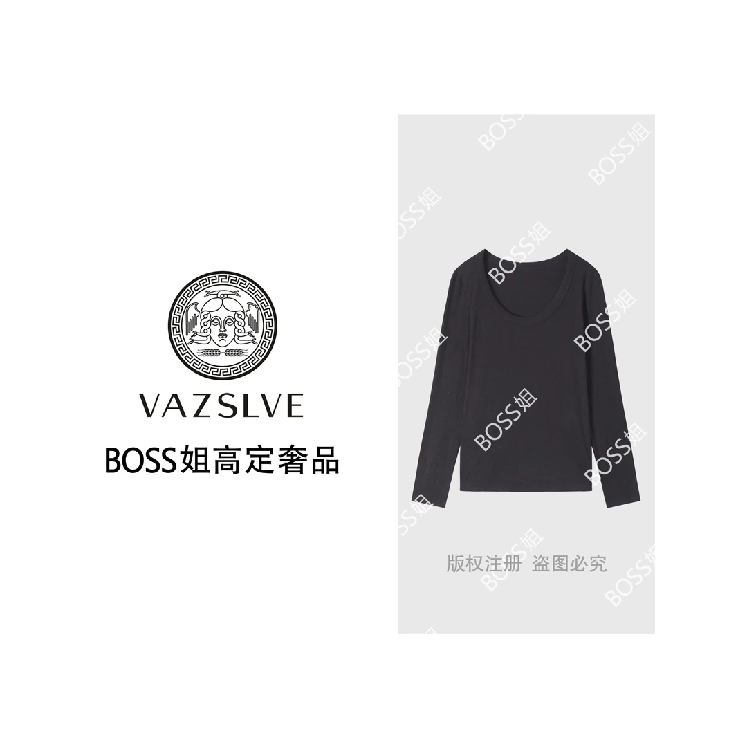 VAZSLVE/原创设计 简约百搭显瘦U领长袖针织舒适上衣 1535006