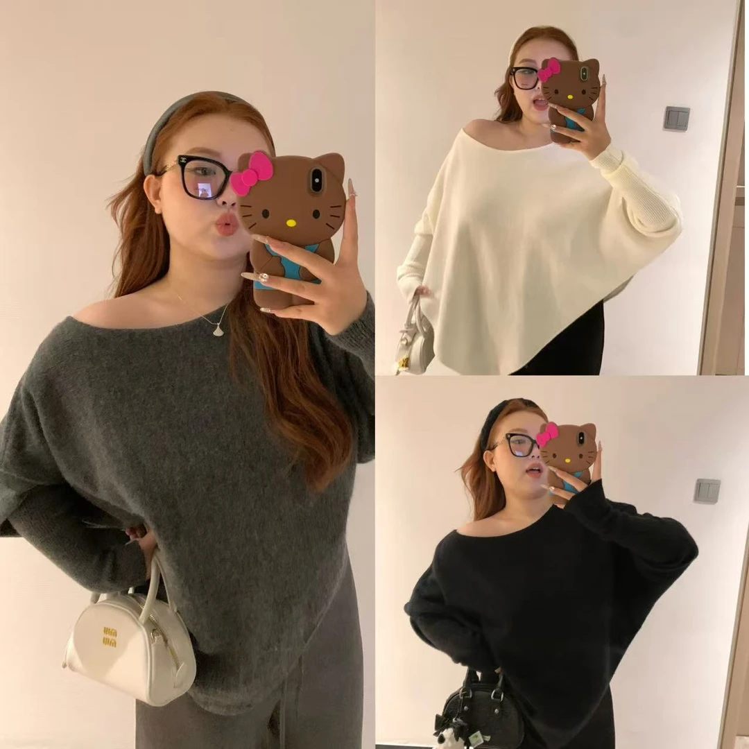 慧芝huizhi 21339斜肩纸片人毛衣定制款宽松遮肉露肩大码针织毛衣