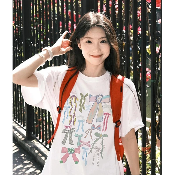 100%纯棉白色短袖t恤女2025新款夏季宽松百搭印花圆领半袖上衣ins