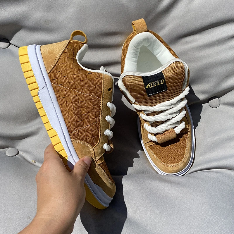 冬季高帮男板鞋棕色胖胖面包鞋秋冬季厚款男鞋编织休闲鞋大码男式