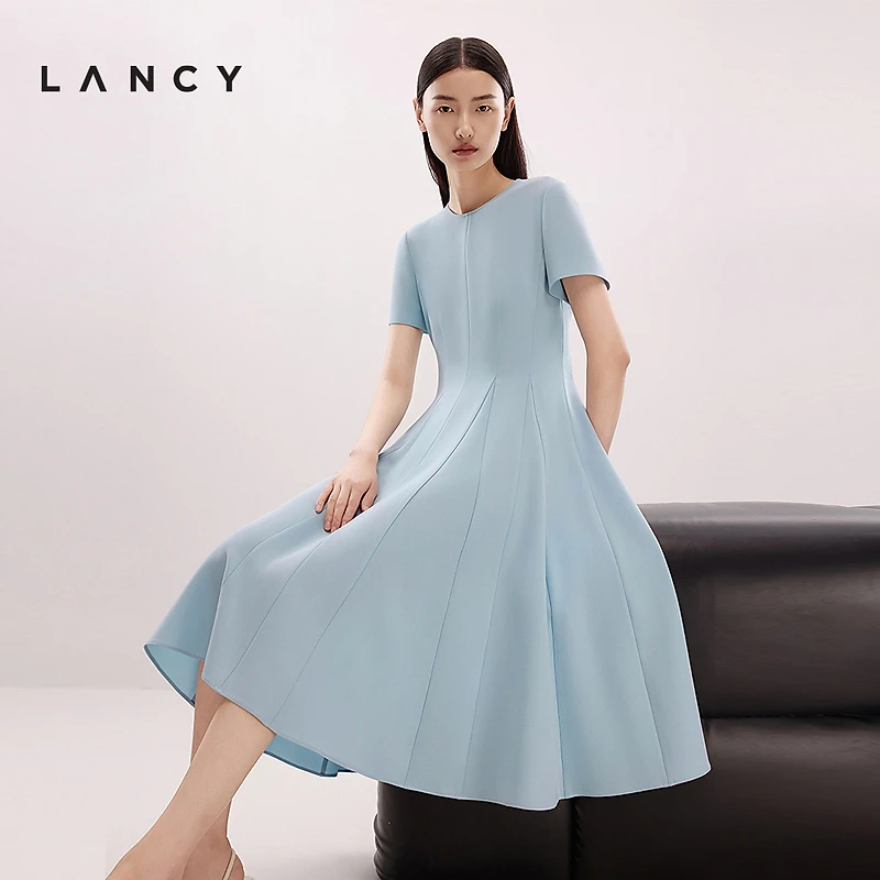 【醋酸】LANCY/朗姿2025夏季新款法式收腰A字气质短袖显瘦连衣裙
