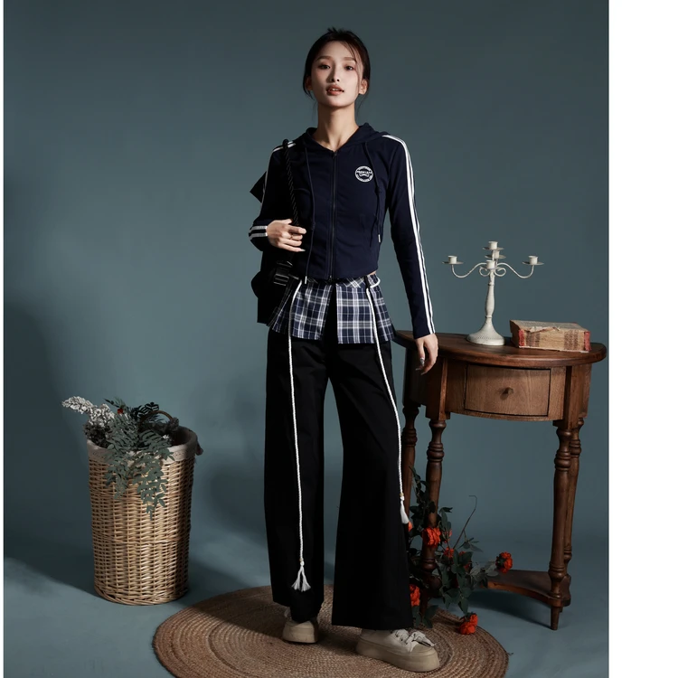 西町村屋拼接格纹假两件阔腿裤女春季新款气质宽松裤子XAAA10251