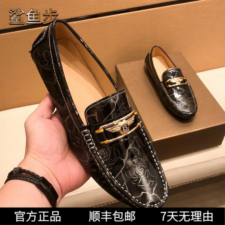 鲨鱼步马衔扣漆皮印花高端豆豆鞋2025新款真皮亮面男士一脚蹬男鞋