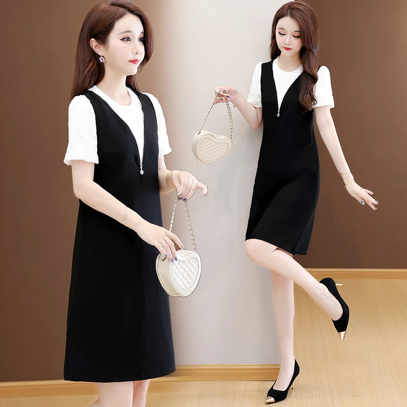 短袖连衣裙女2025夏季新款潮蕾丝拼接假两件中长款高级感收腰裙子