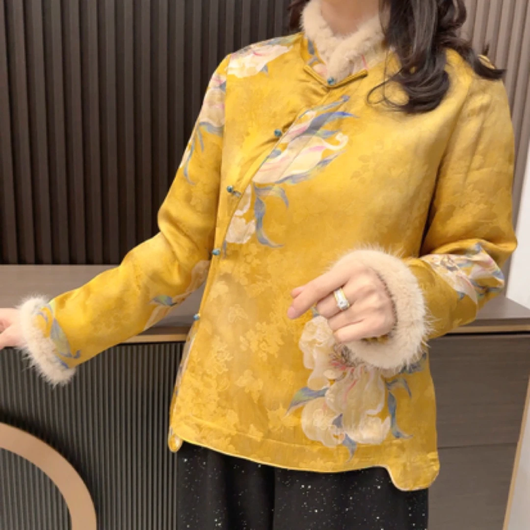 新中式偏襟貂毛A版加棉上衣