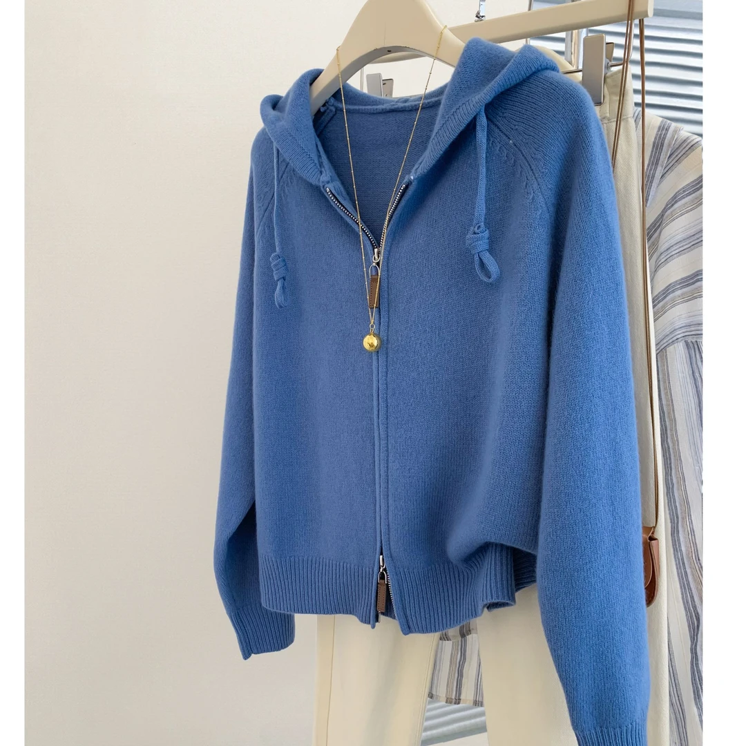 蓝色时尚双拉链连帽毛衣开衫女2024冬设计感带帽慵懒风针织外套