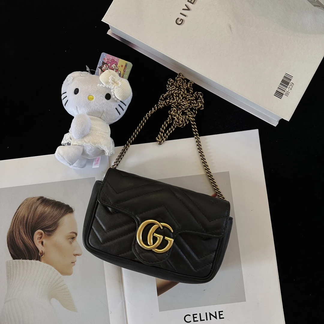 95新 GUCCI/古驰 Gucci古驰马蒙黑金mini斜挎包